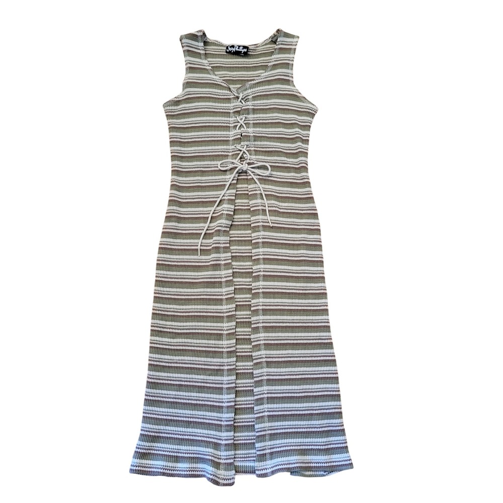 Suzy Phillips S Duster Green Stripe Corset Lace Up Waffle Knit Layer 90s Y2K USA